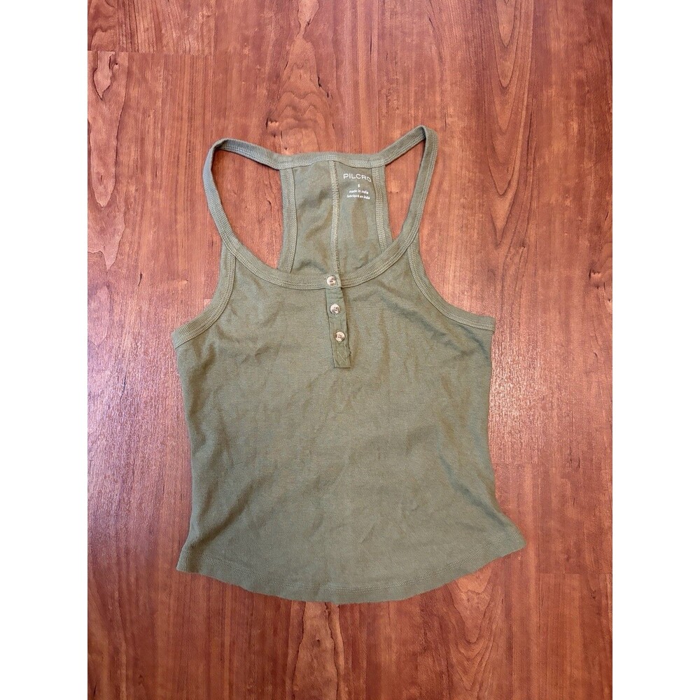 Pilcro Andie Henley Tank Top Green Anthropologie NWT Small Cropped Scoop Neck